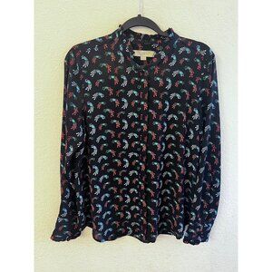 Loft Peacock Print Ruffle Neck Long Sleeve Blouse women size medium
